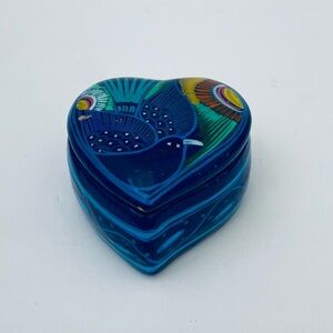 Mexican Folk Art Hand Painted Lidded Heart Trinket Box Bird Floral Motif
